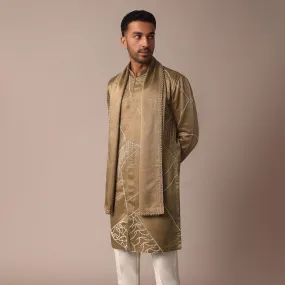 Beige Silk Kurta Set With Intricate Handwork