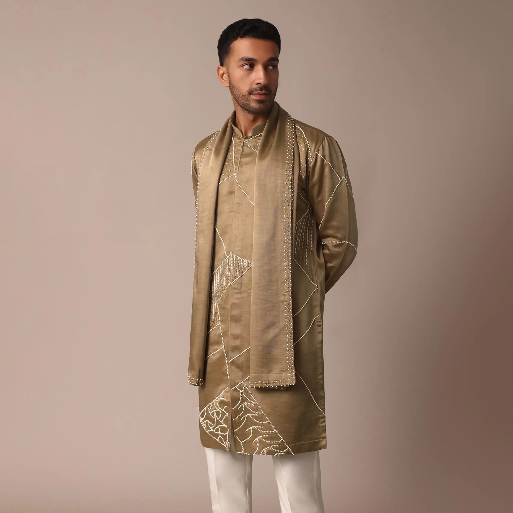 Beige Silk Kurta Set With Intricate Handwork