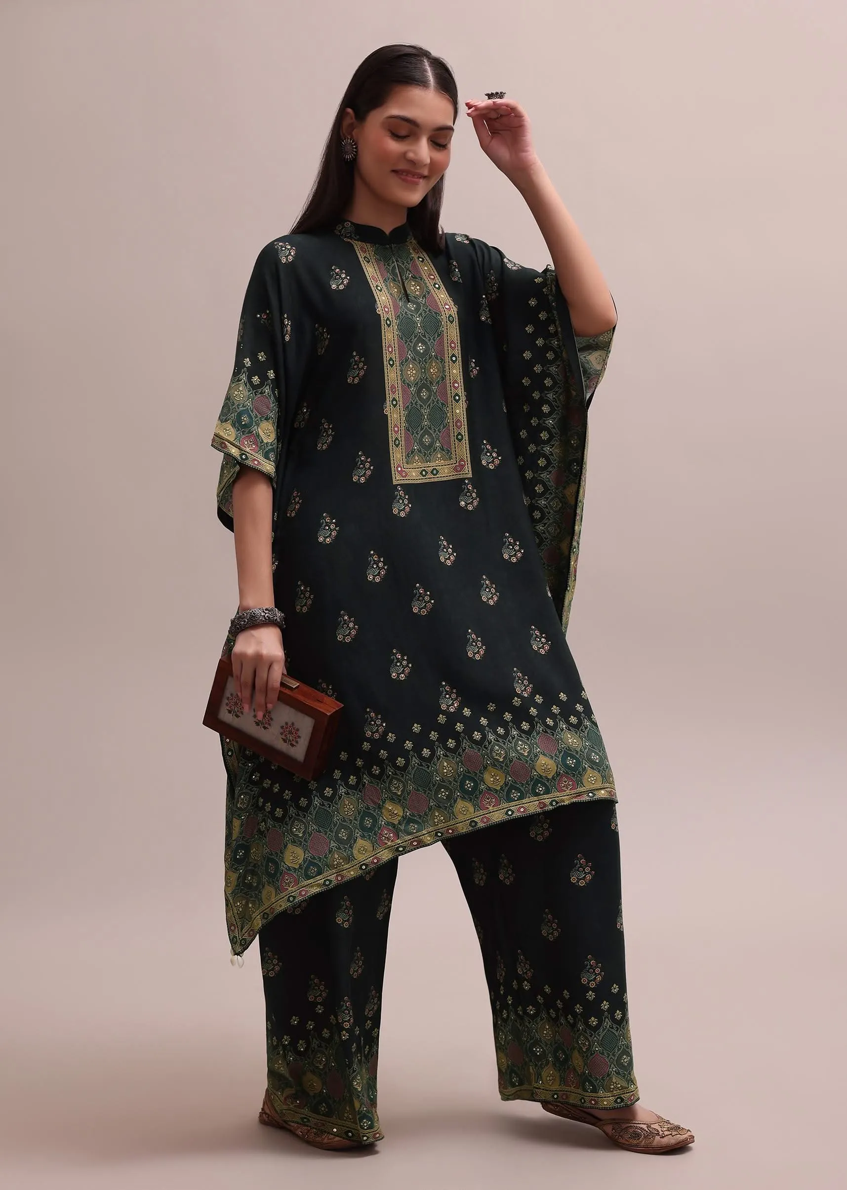 Black Printed Silk Kaftan And Palazzo Co-ord Set With Sequins Embroidery