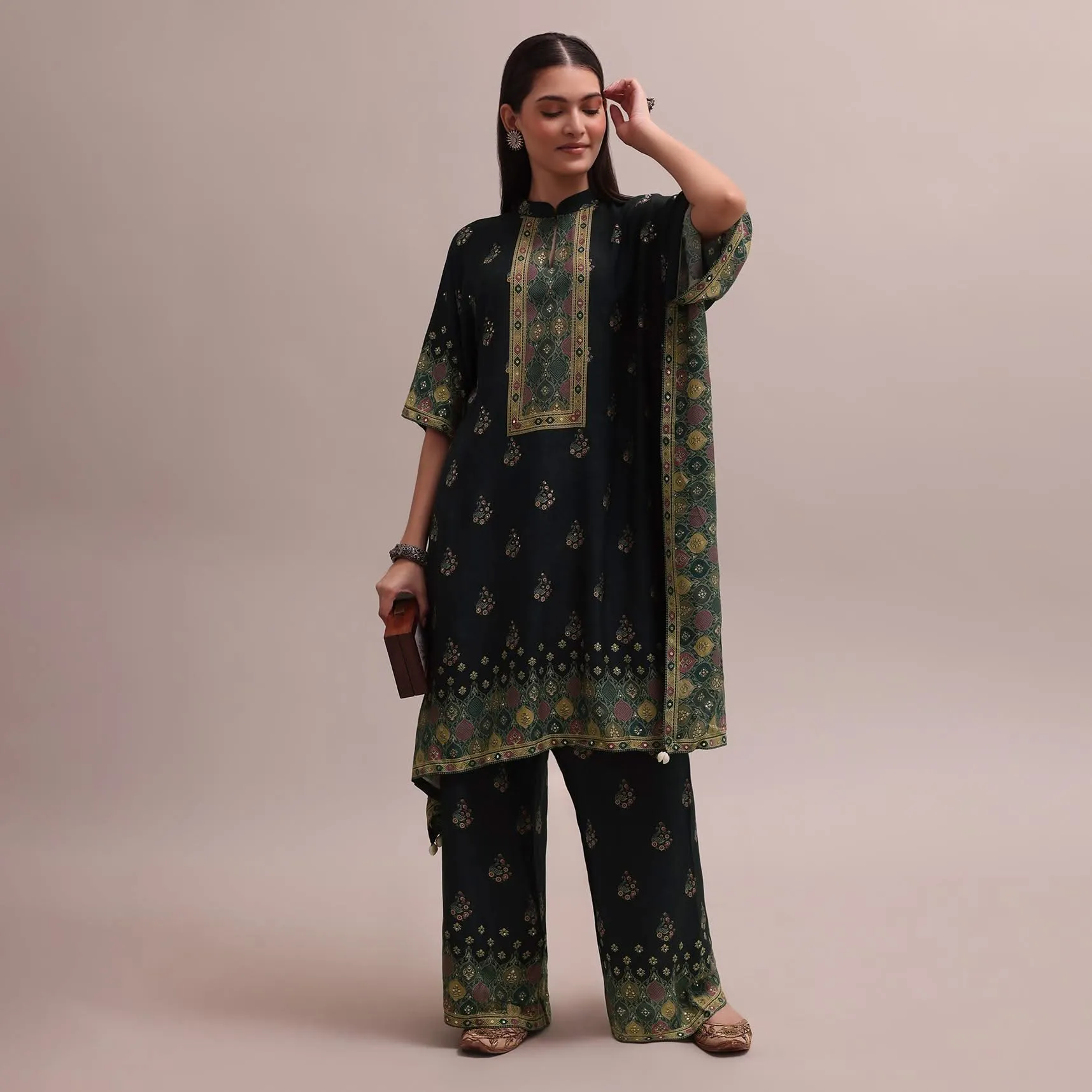 Black Printed Silk Kaftan And Palazzo Co-ord Set With Sequins Embroidery