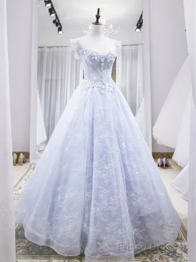 Blue Lace Floral Long Prom Dresses, Blue Lace Flower Long Formal Graduation Dresses