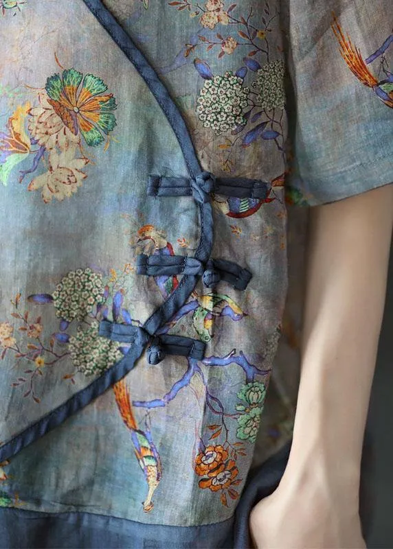 Blue Print Ramie Oriental Summer Tops