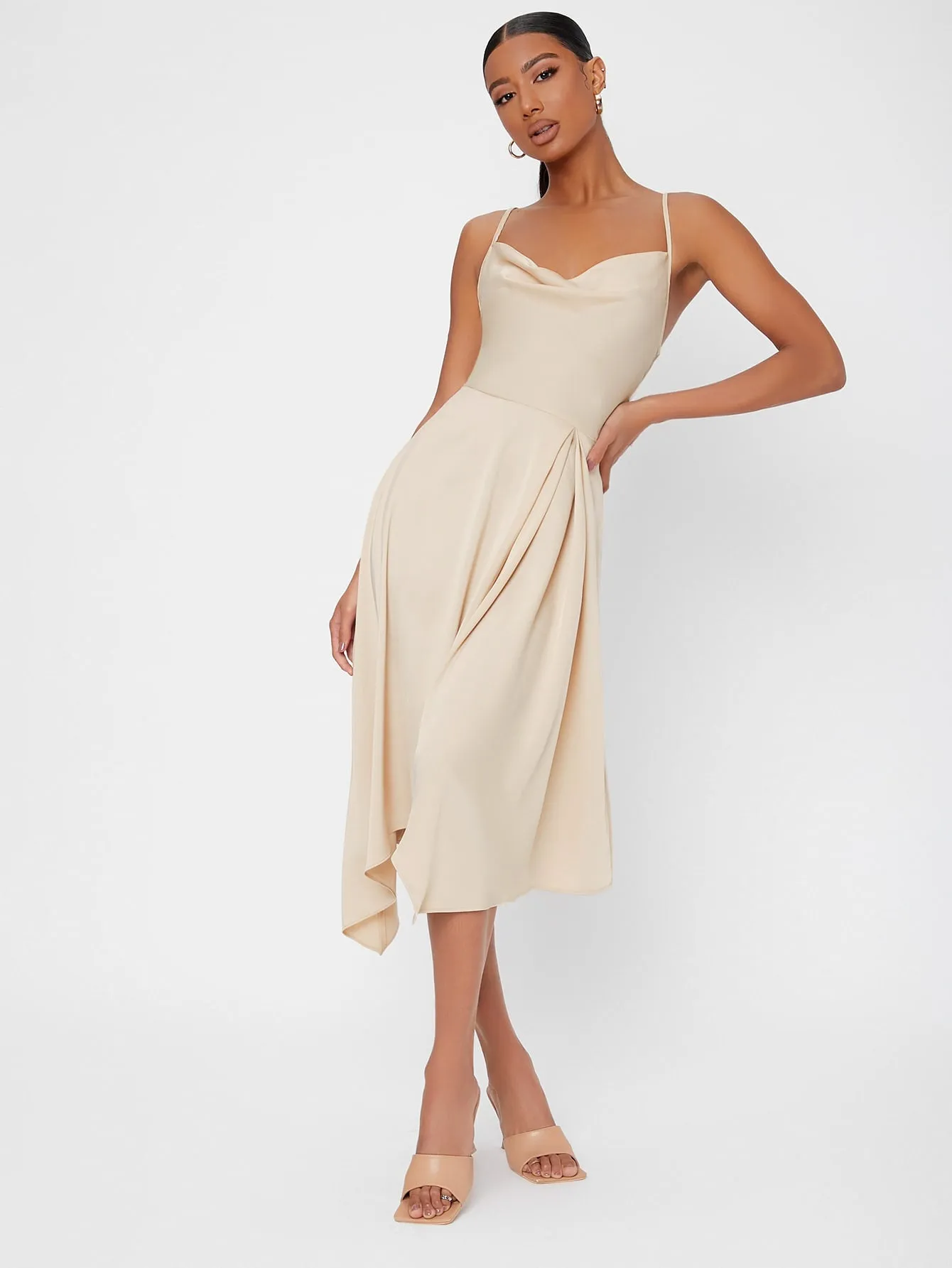 Elegant Plain Tie Back Sleeveless Spaghetti Strap Asymmetrical High Waist Midi Dress