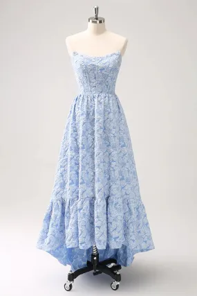 Homecoming Dresses A-Line Graduation Dresses Strapless Floral High Low Ruffled Dress Blue