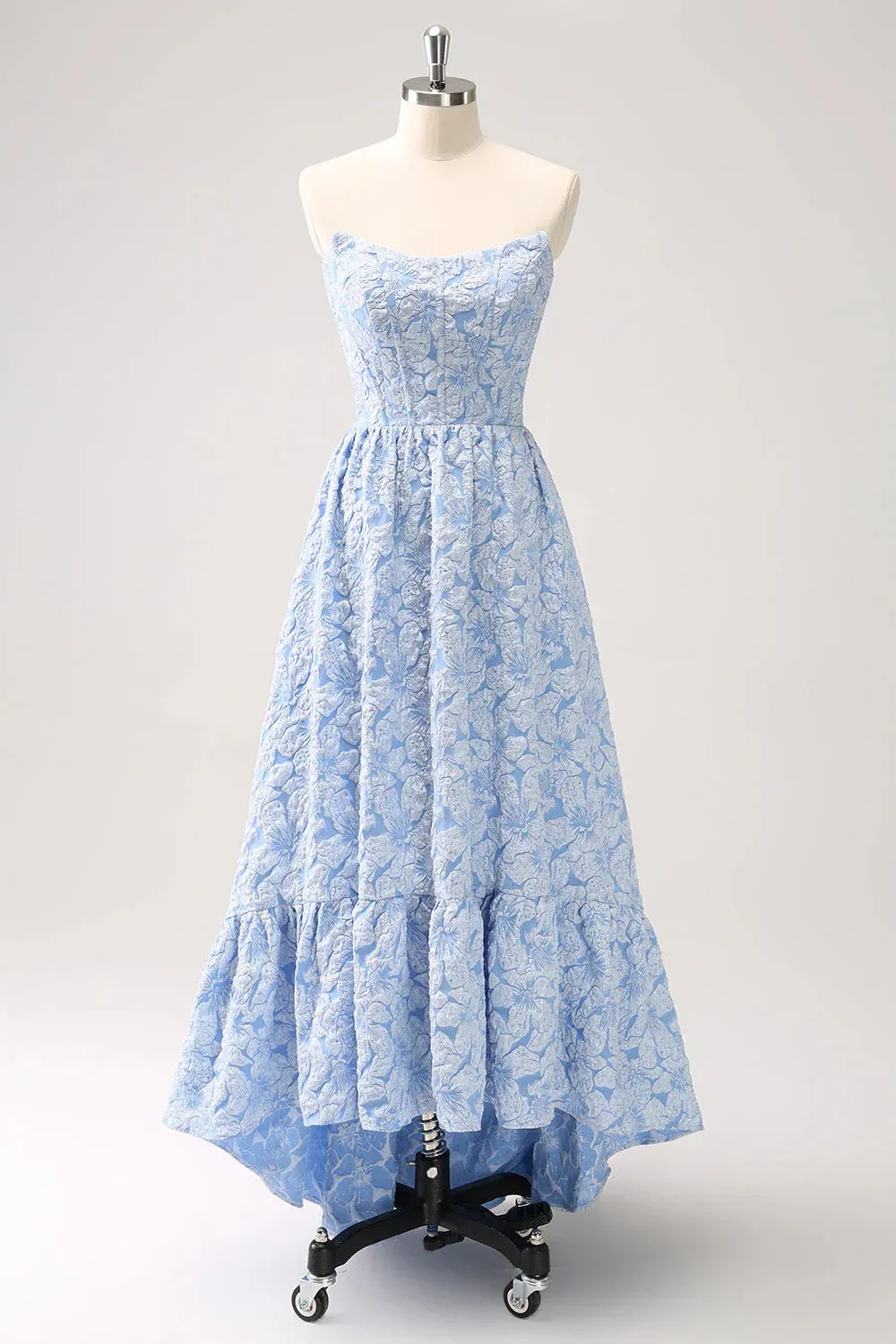 Homecoming Dresses A-Line Graduation Dresses Strapless Floral High Low Ruffled Dress Blue