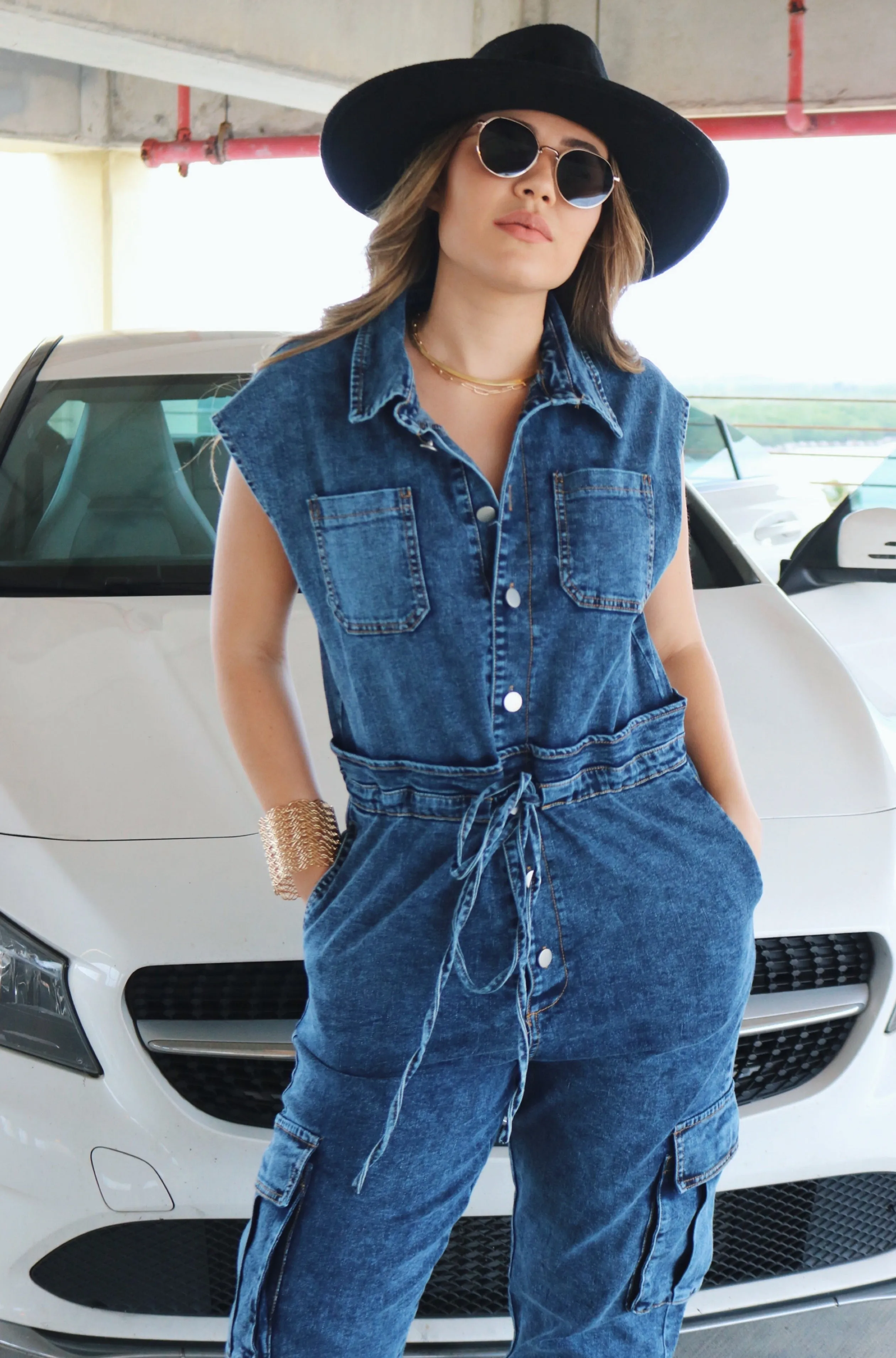 'Hosk' Buttoned Tie Jumpsuit w/ Pockets in Dark Denim