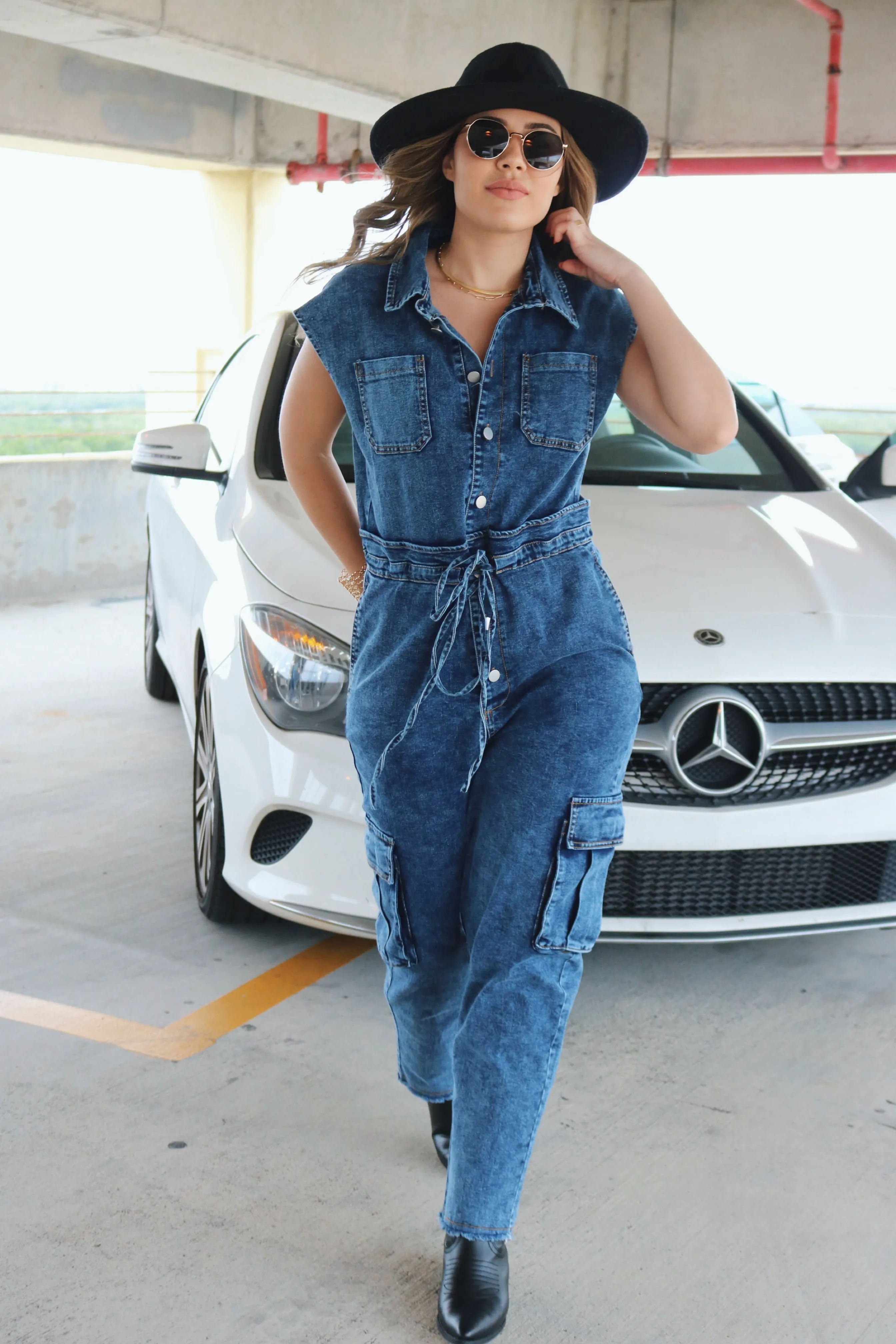 'Hosk' Buttoned Tie Jumpsuit w/ Pockets in Dark Denim