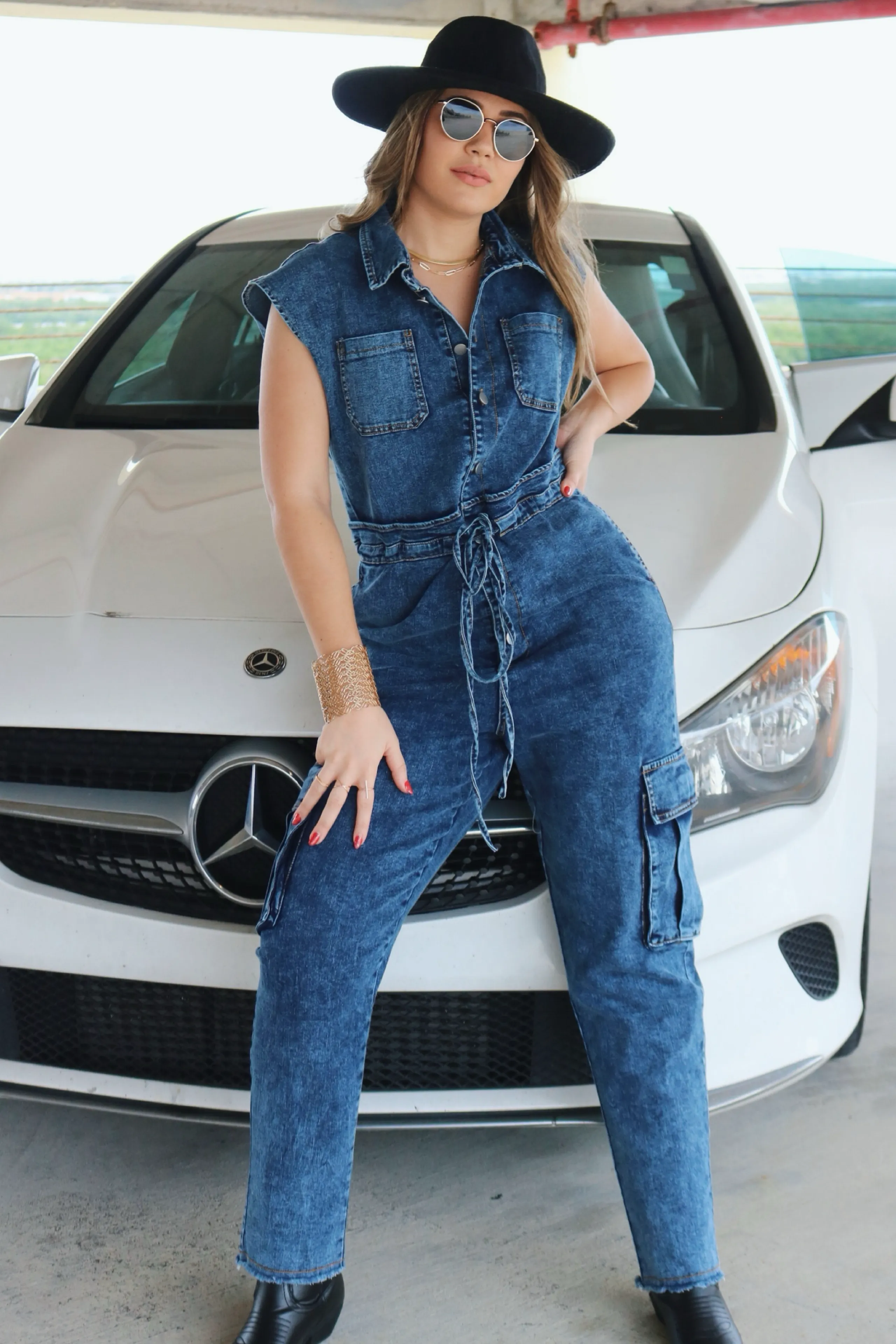 'Hosk' Buttoned Tie Jumpsuit w/ Pockets in Dark Denim