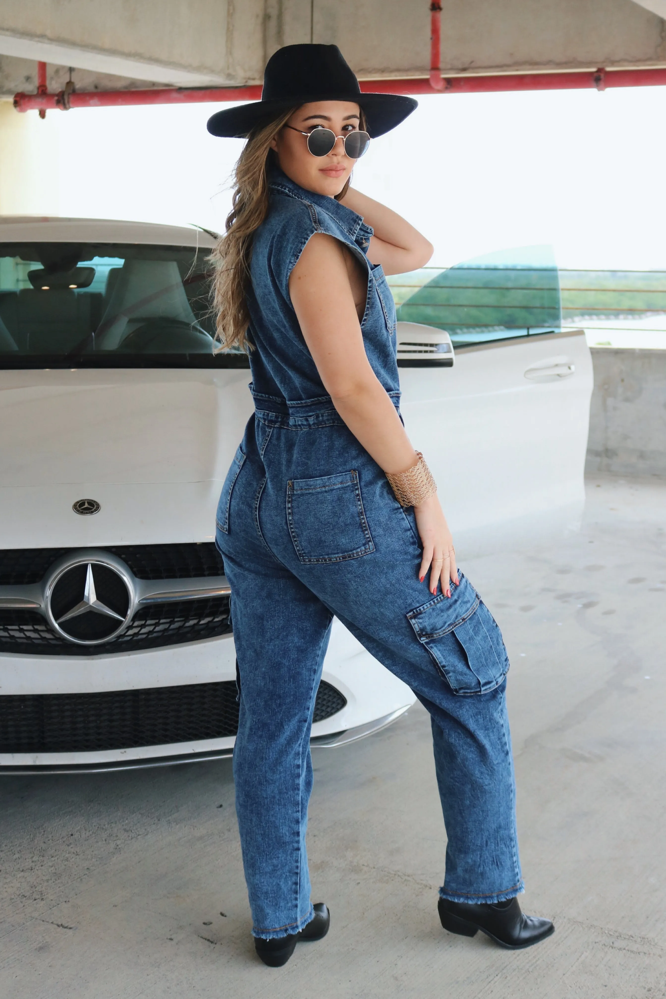 'Hosk' Buttoned Tie Jumpsuit w/ Pockets in Dark Denim