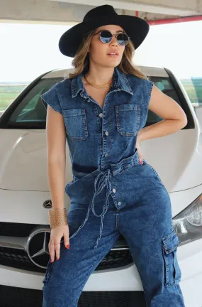 'Hosk' Buttoned Tie Jumpsuit w/ Pockets in Dark Denim