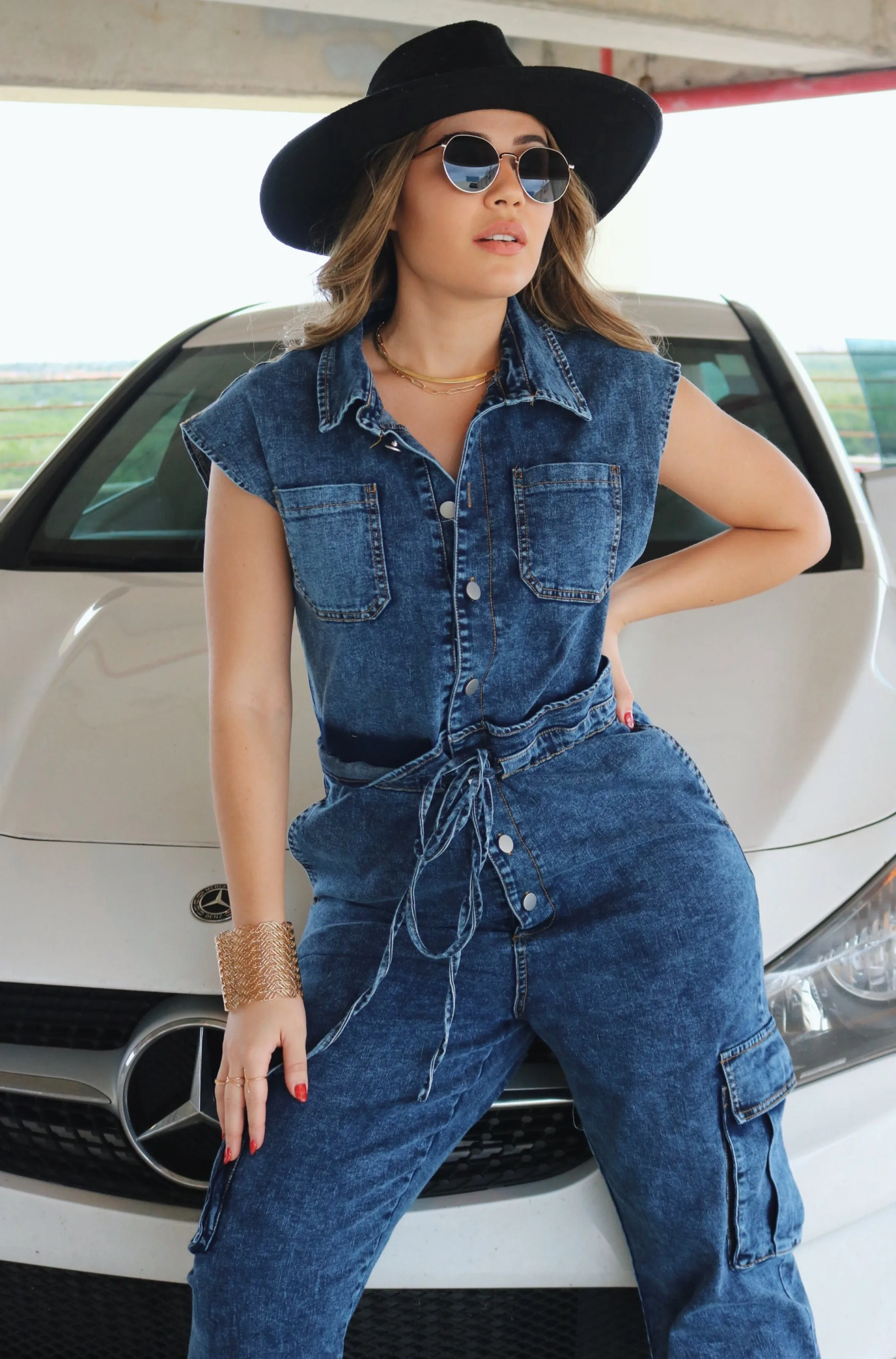 'Hosk' Buttoned Tie Jumpsuit w/ Pockets in Dark Denim