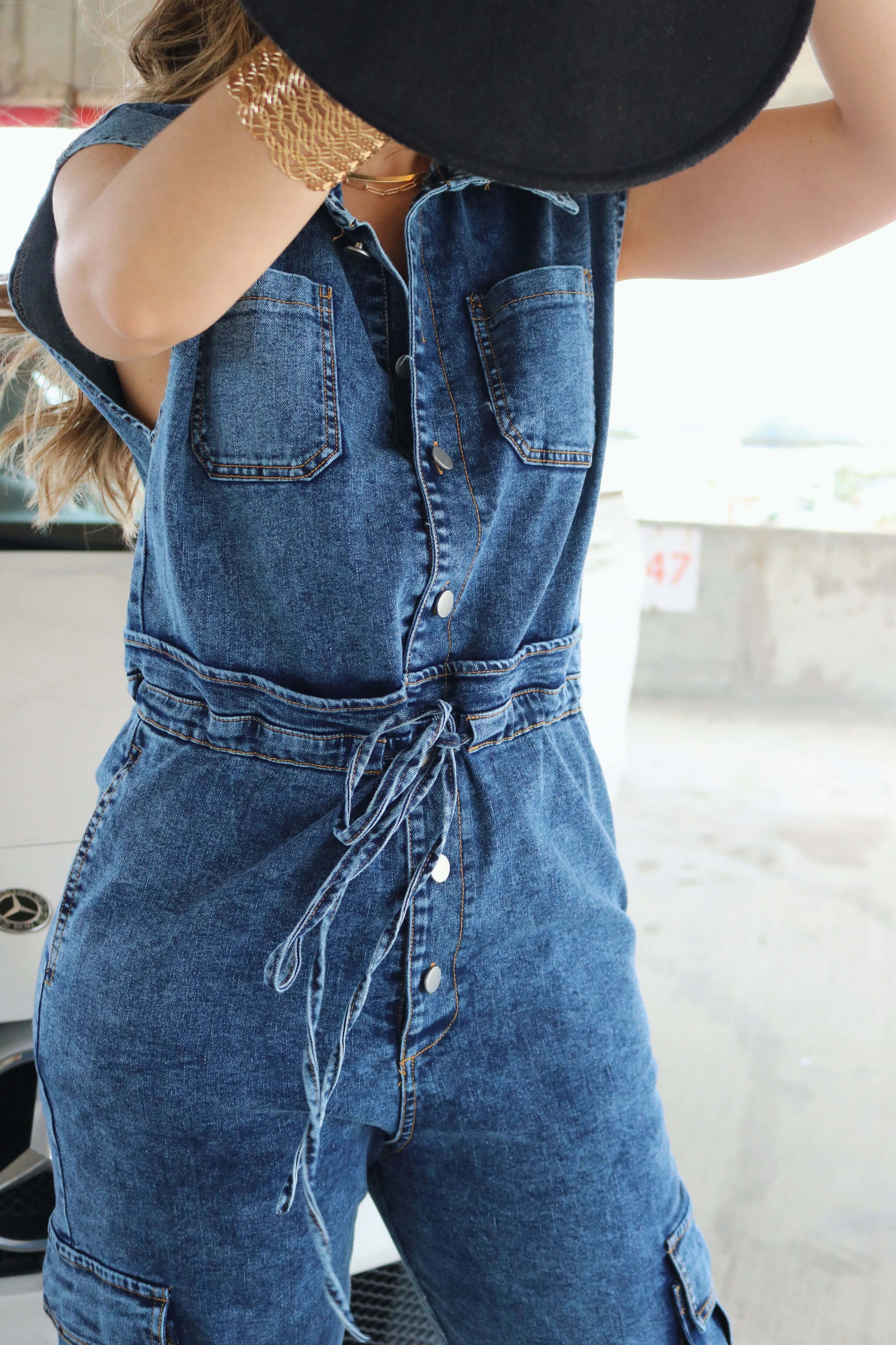 'Hosk' Buttoned Tie Jumpsuit w/ Pockets in Dark Denim