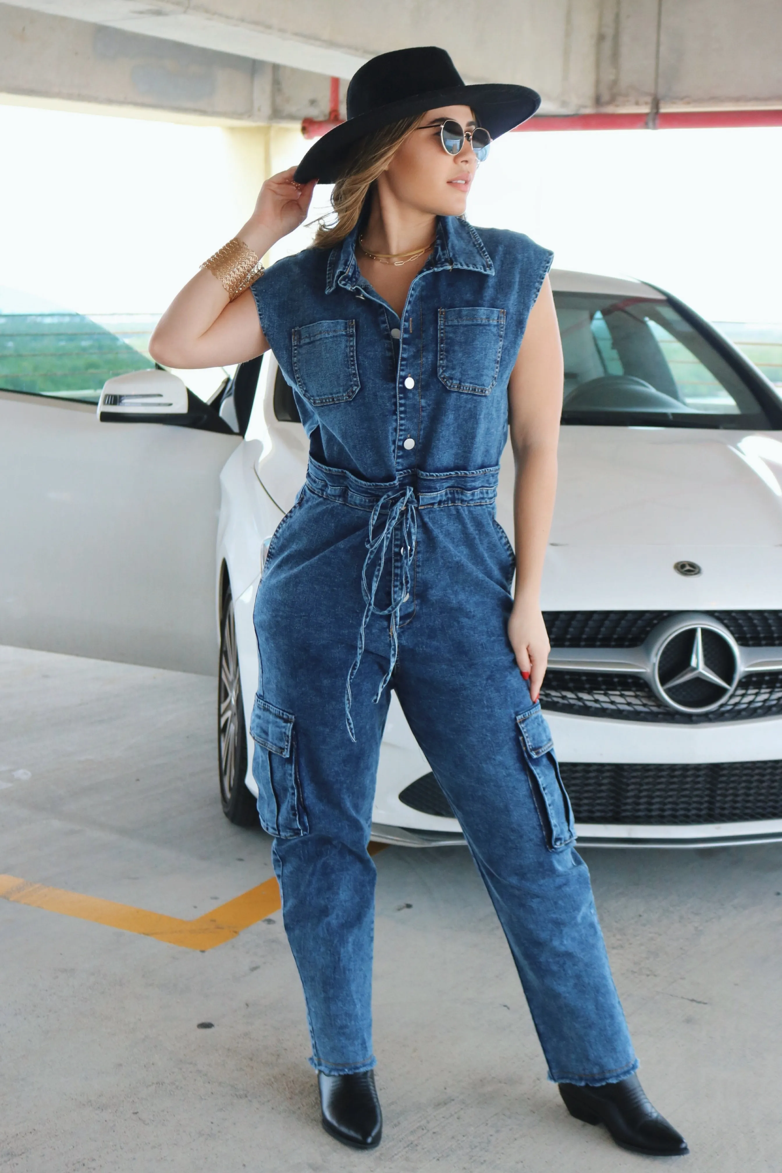 'Hosk' Buttoned Tie Jumpsuit w/ Pockets in Dark Denim