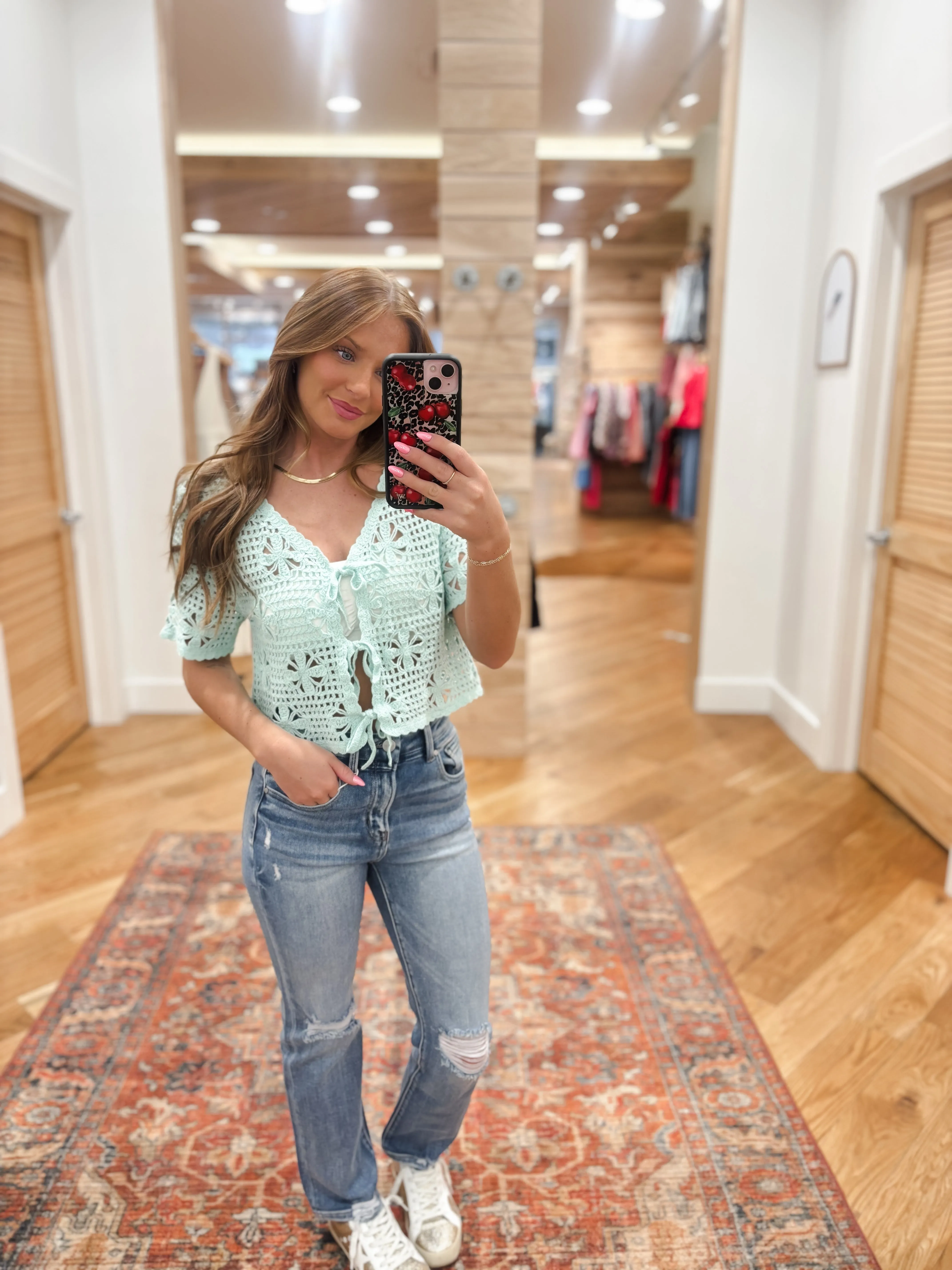 Mint Front Tie Crochet Top