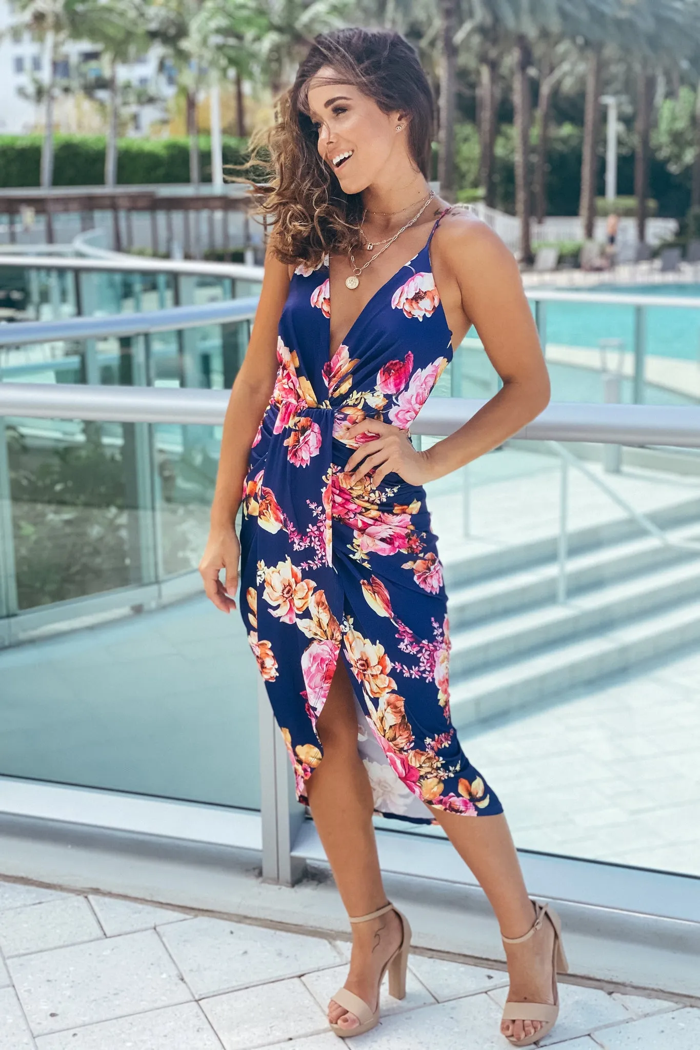 Navy Floral Ruched Dress