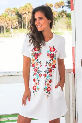 Off White Short Dress with Floral Embroidery