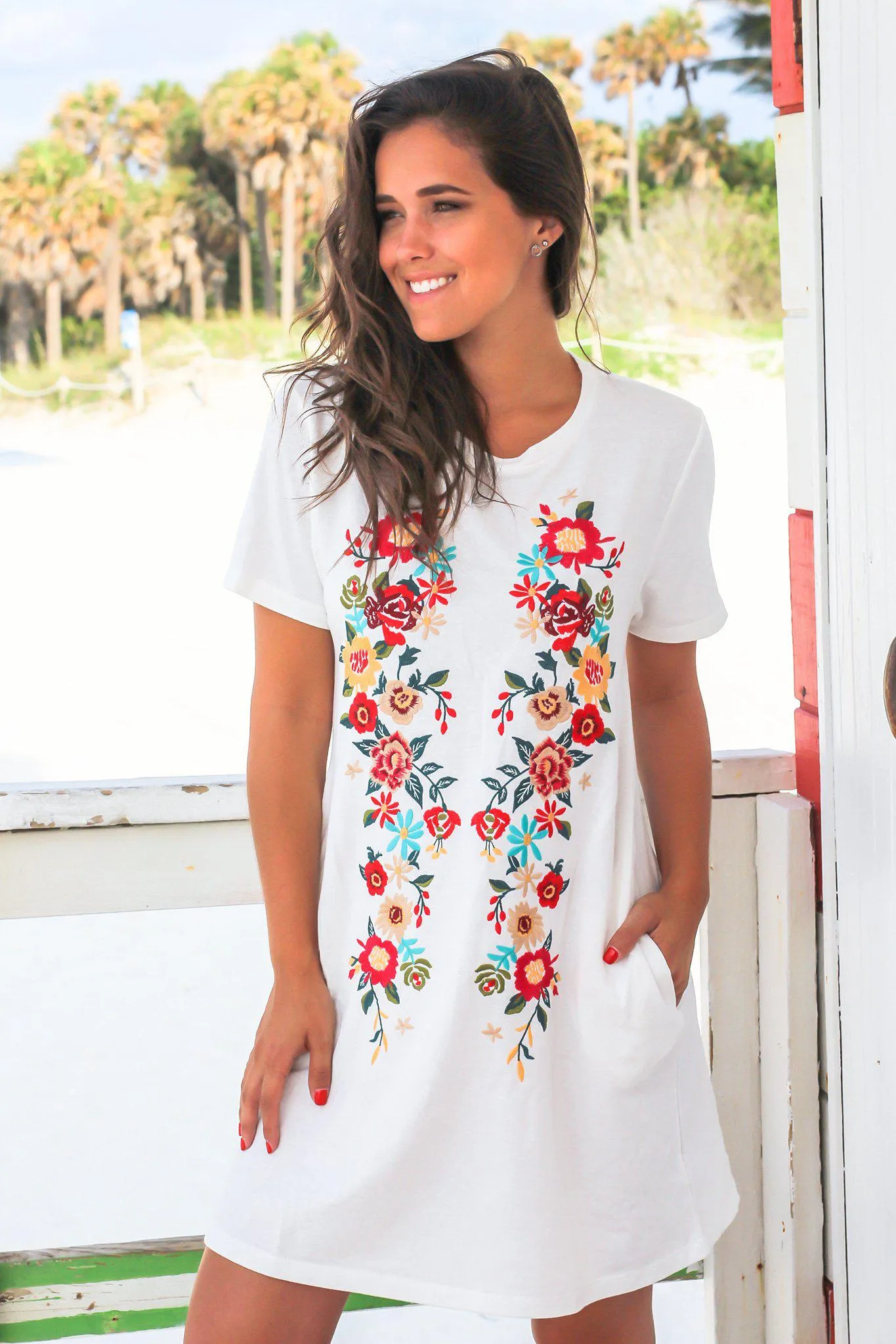 Off White Short Dress with Floral Embroidery