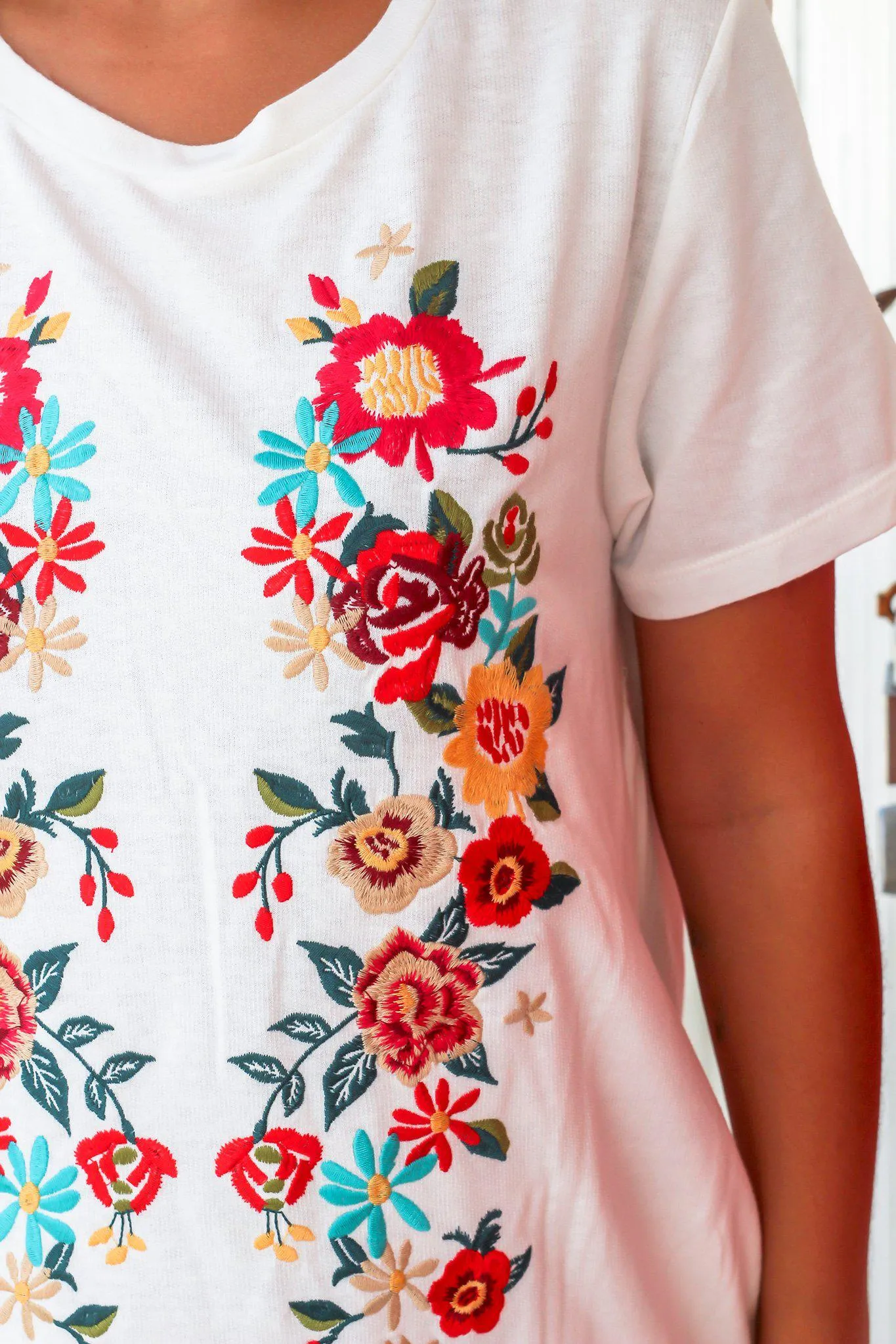 Off White Short Dress with Floral Embroidery