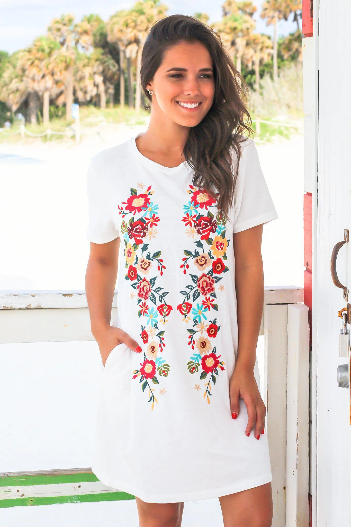 Off White Short Dress with Floral Embroidery