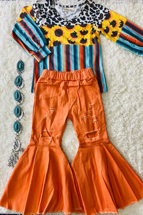 Orange distressed denim bell bottoms 206014M