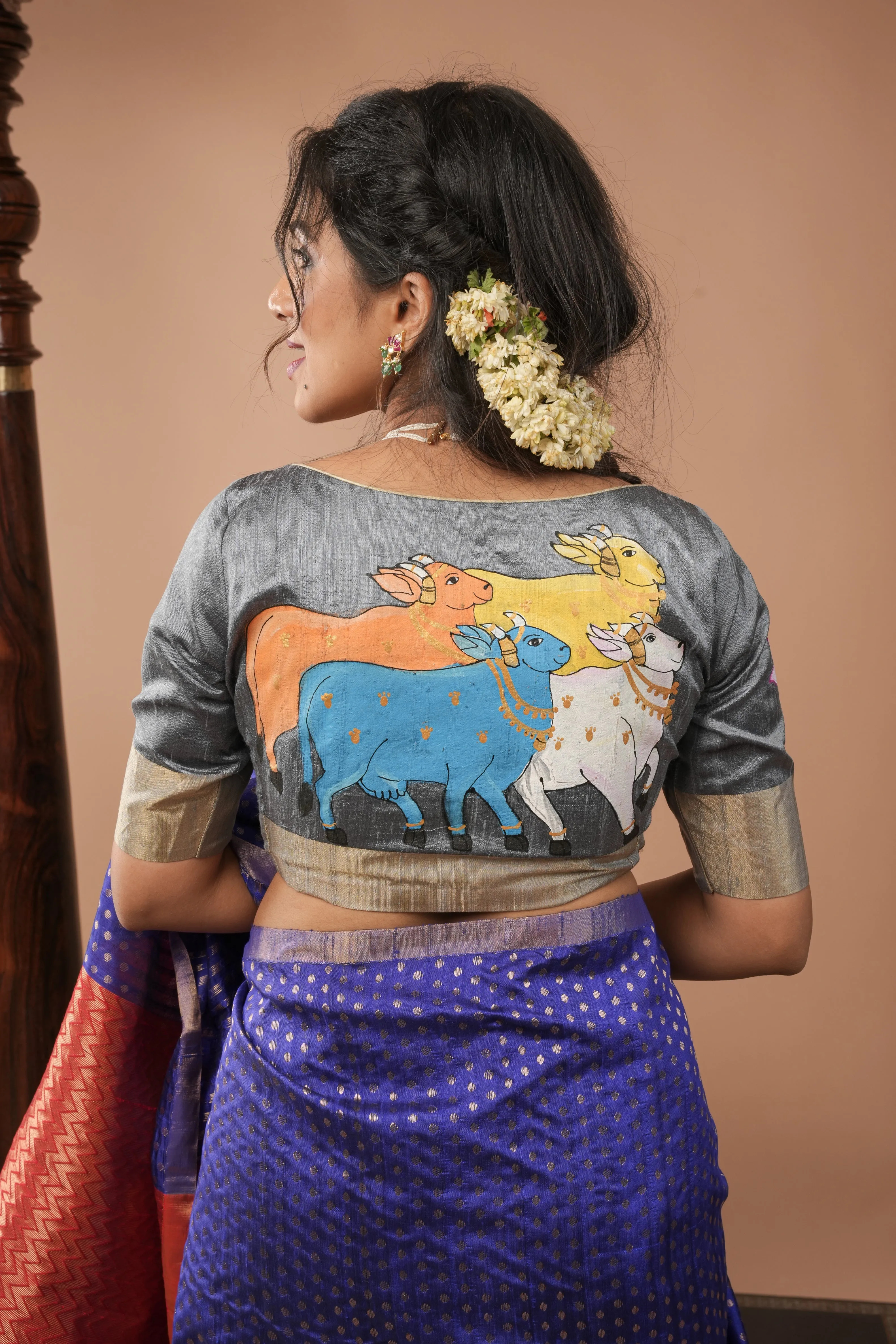 Pure raw silk blouse in Gray with Pichwai Cow Handpainting and zari borders, Customizable, Made to Order