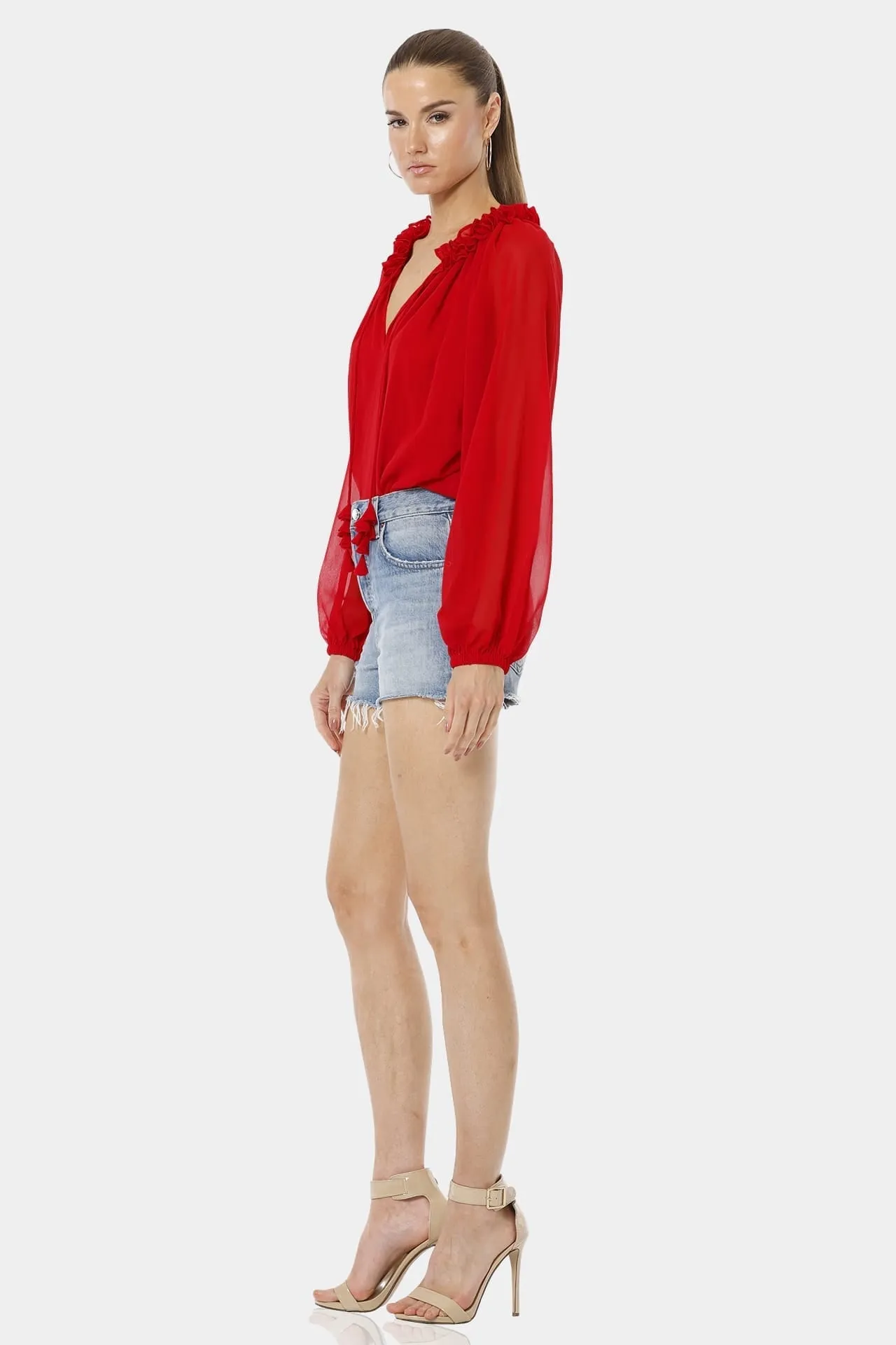 Red Ruby Tie Neck Top With Long Sleeves
