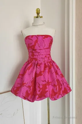 Sexy A Line Strapless Satin Pink Floral Vacation Dresses Short Birthday Dress
