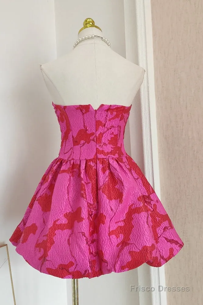 Sexy A Line Strapless Satin Pink Floral Vacation Dresses Short Birthday Dress