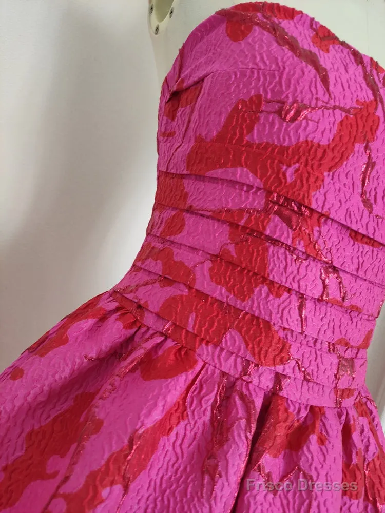 Sexy A Line Strapless Satin Pink Floral Vacation Dresses Short Birthday Dress