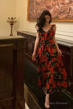 Sexy A Line Straps Sleeveless Red Floral Ruffle Chiffon Prom Dresses Birthday Outfits