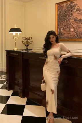 Sexy Sheath Square Neckline Long Sleeves Slit Floral Prom Dresses Birthday Dress
