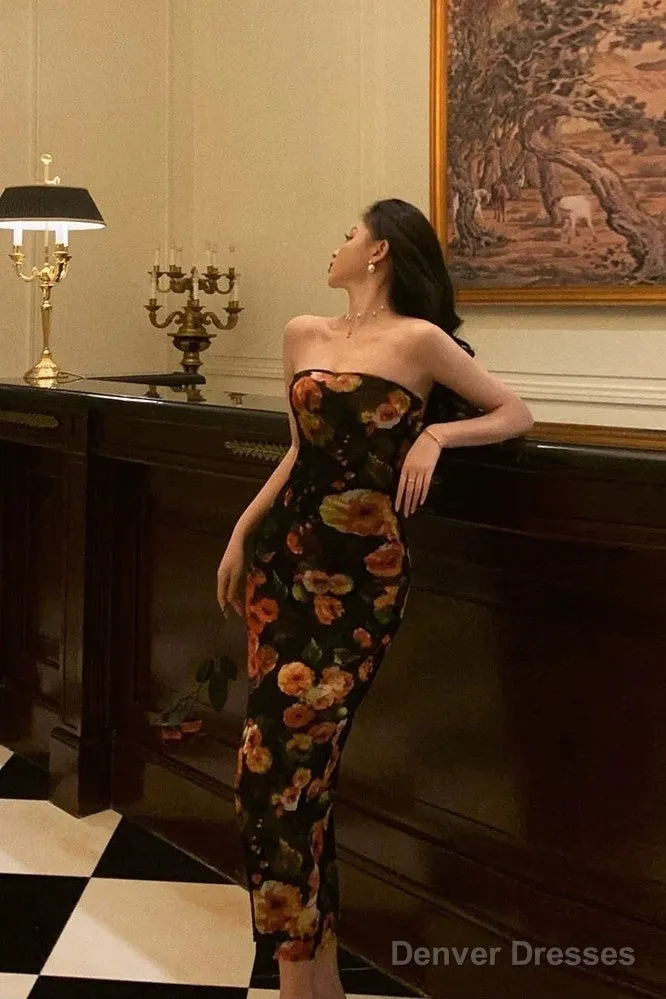 Sexy Sheath Strapless Black Floral Prom Dresses Birthday Outfits Evening Gown