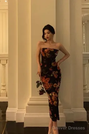 Sexy Sheath Strapless Black Floral Prom Dresses Birthday Outfits Evening Gown