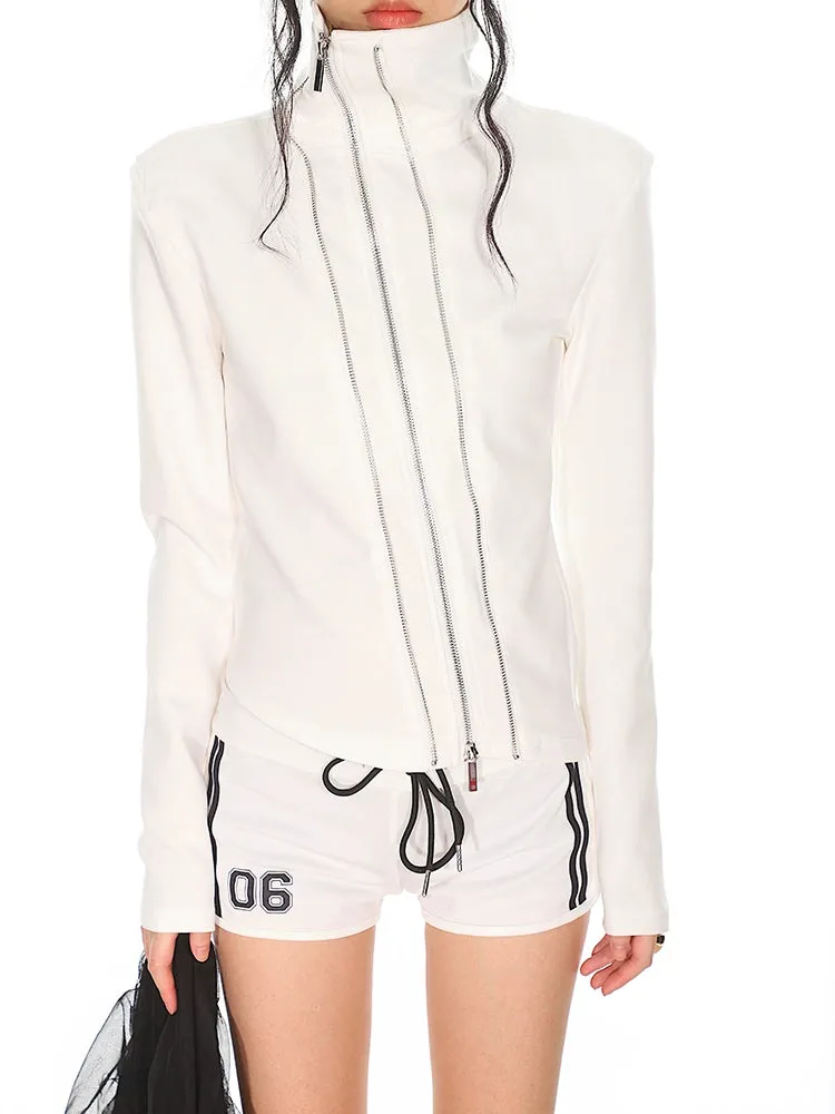 Slim Asymmetric Multi Zip Mock Neck Jacket
