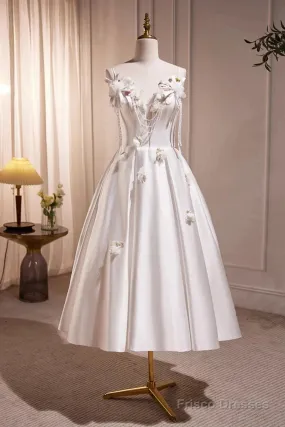 Spaghetti Strap Satin White Floral Short Prom Dress