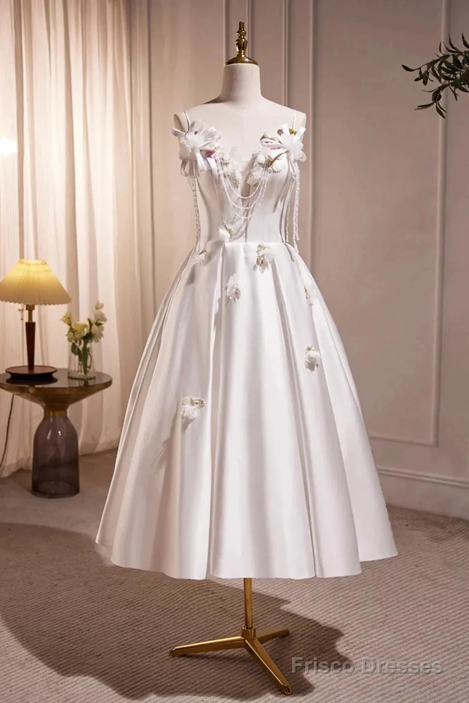 Spaghetti Strap Satin White Floral Short Prom Dress