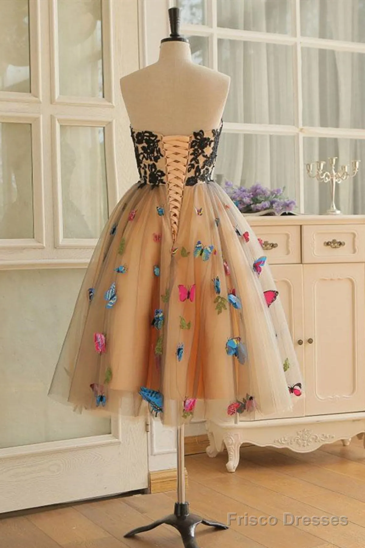 Strapless Short Champagne Floral Prom Dresses, 3D Floral Short Champagne Formal Graduation Dresses