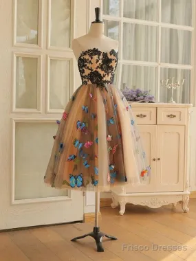 Strapless Short Champagne Floral Prom Dresses, 3D Floral Short Champagne Formal Graduation Dresses