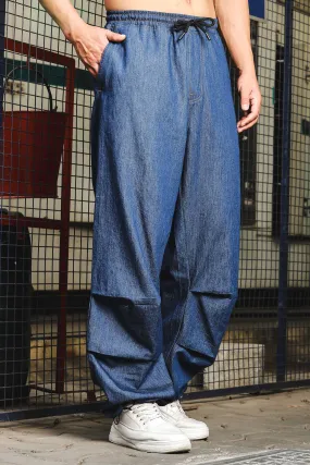 Unisex Blue Relaxed Fit Drawstring Denim Parachute Cargo