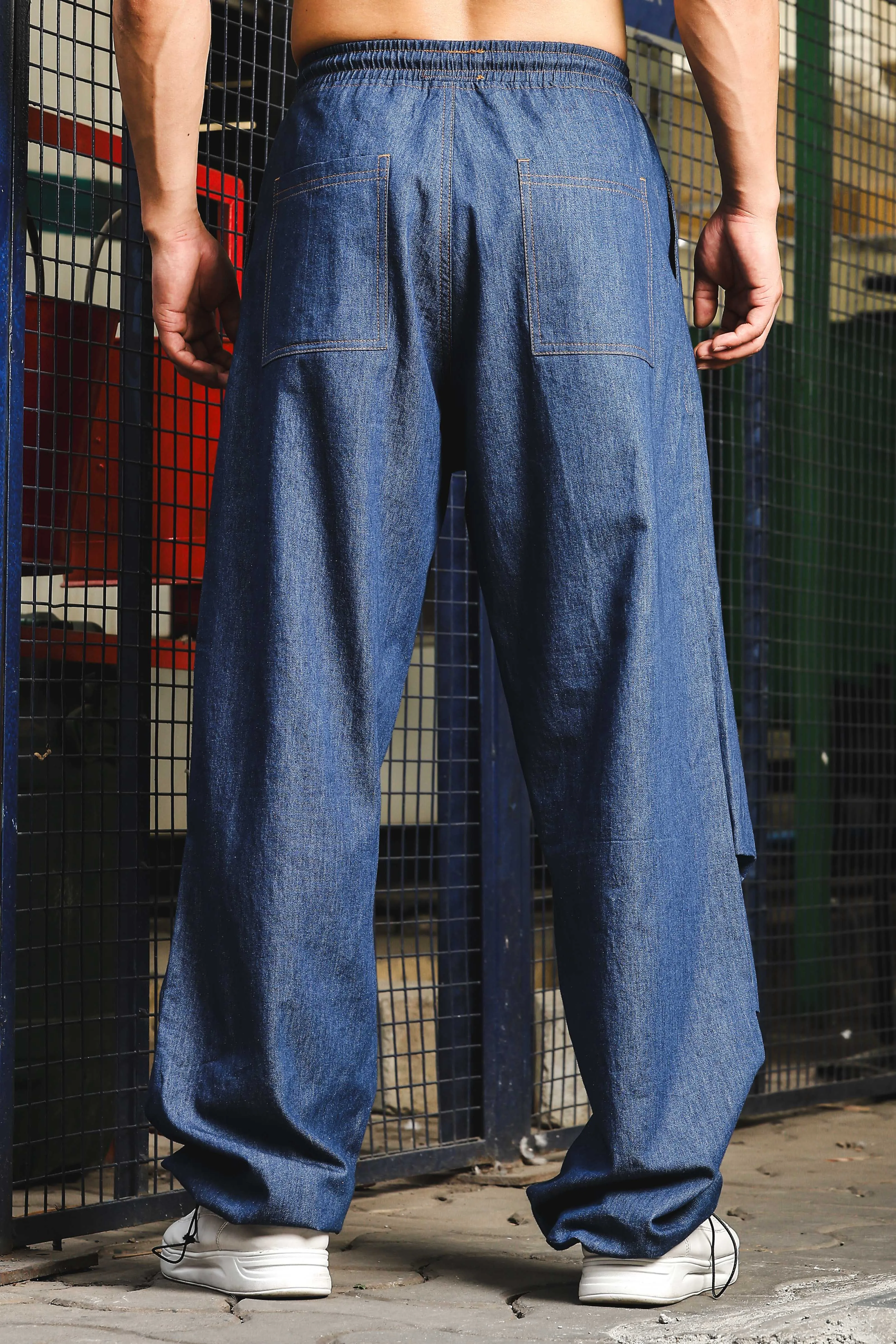 Unisex Blue Relaxed Fit Drawstring Denim Parachute Cargo