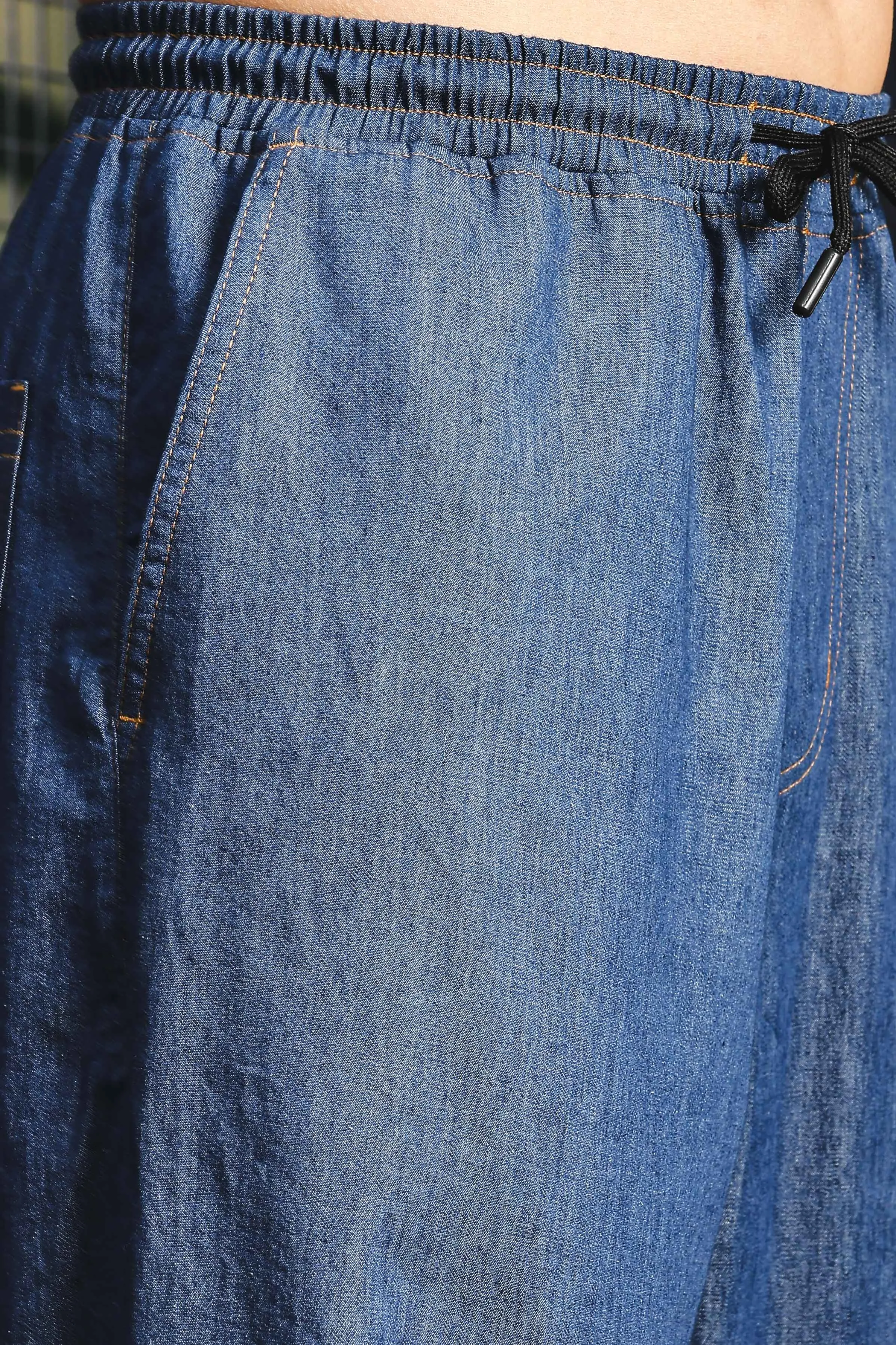 Unisex Blue Relaxed Fit Drawstring Denim Parachute Cargo