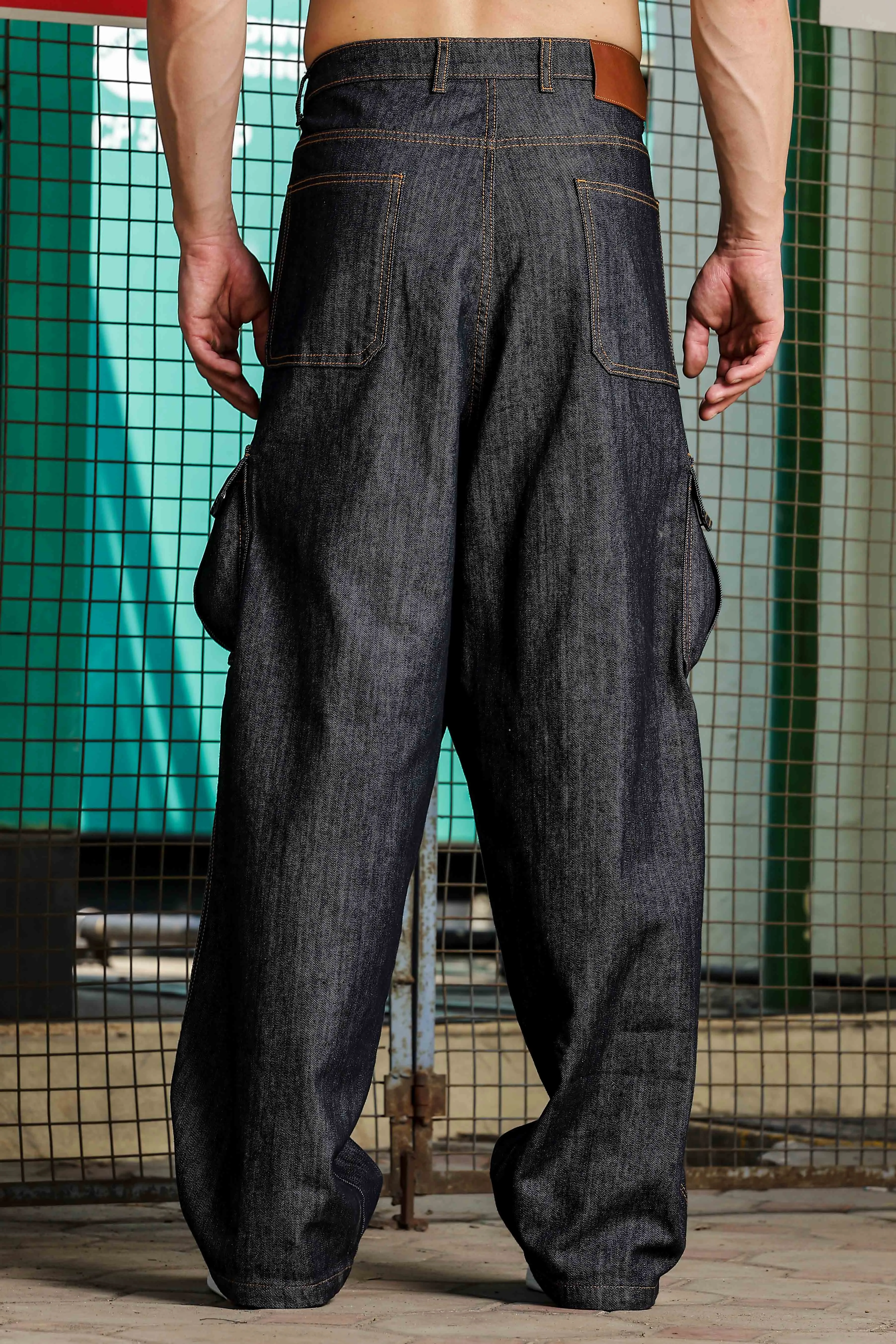Unisex Charcoal Blue Relaxed Fit Denim Baggy Cargo
