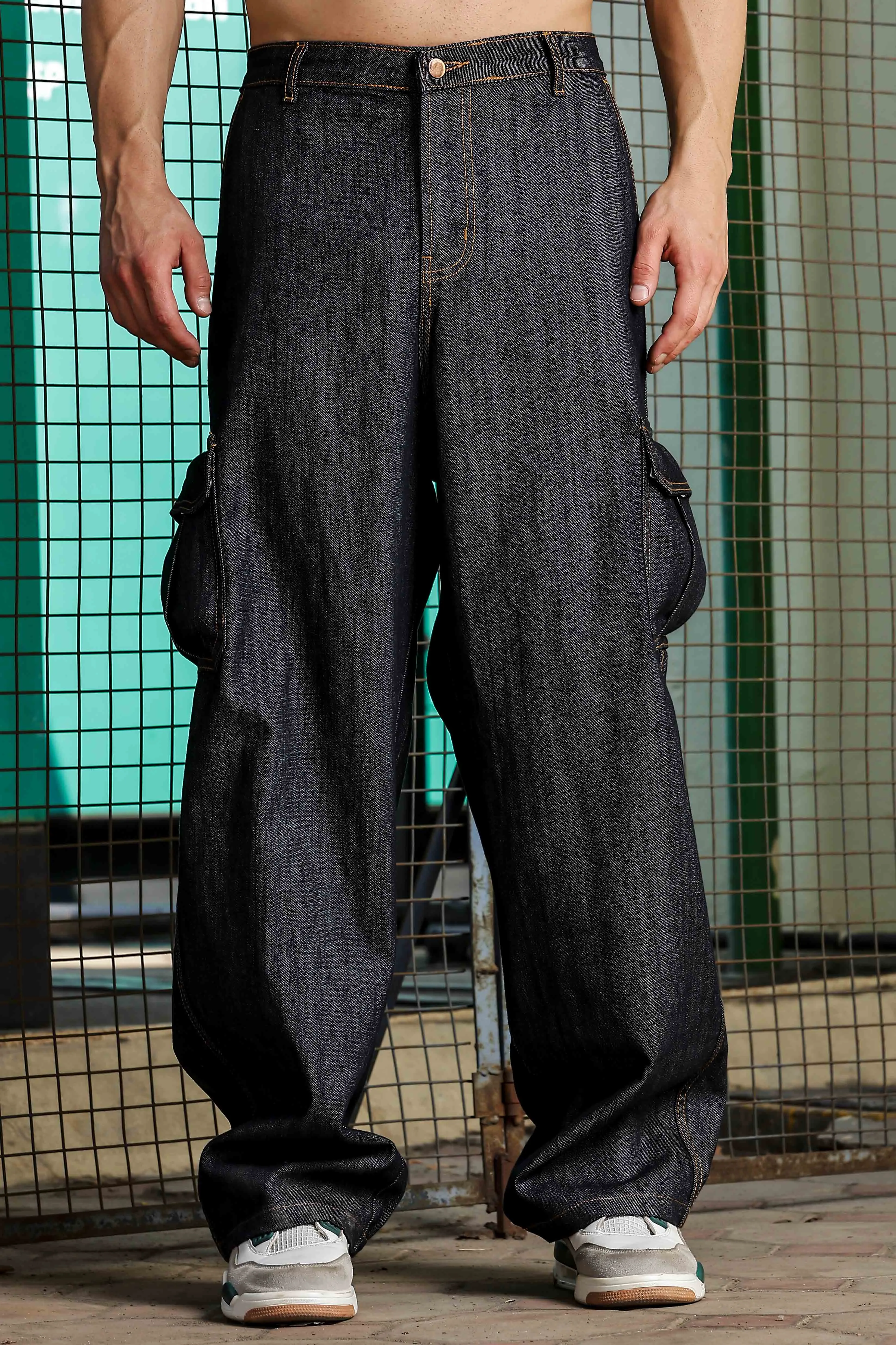 Unisex Charcoal Blue Relaxed Fit Denim Baggy Cargo