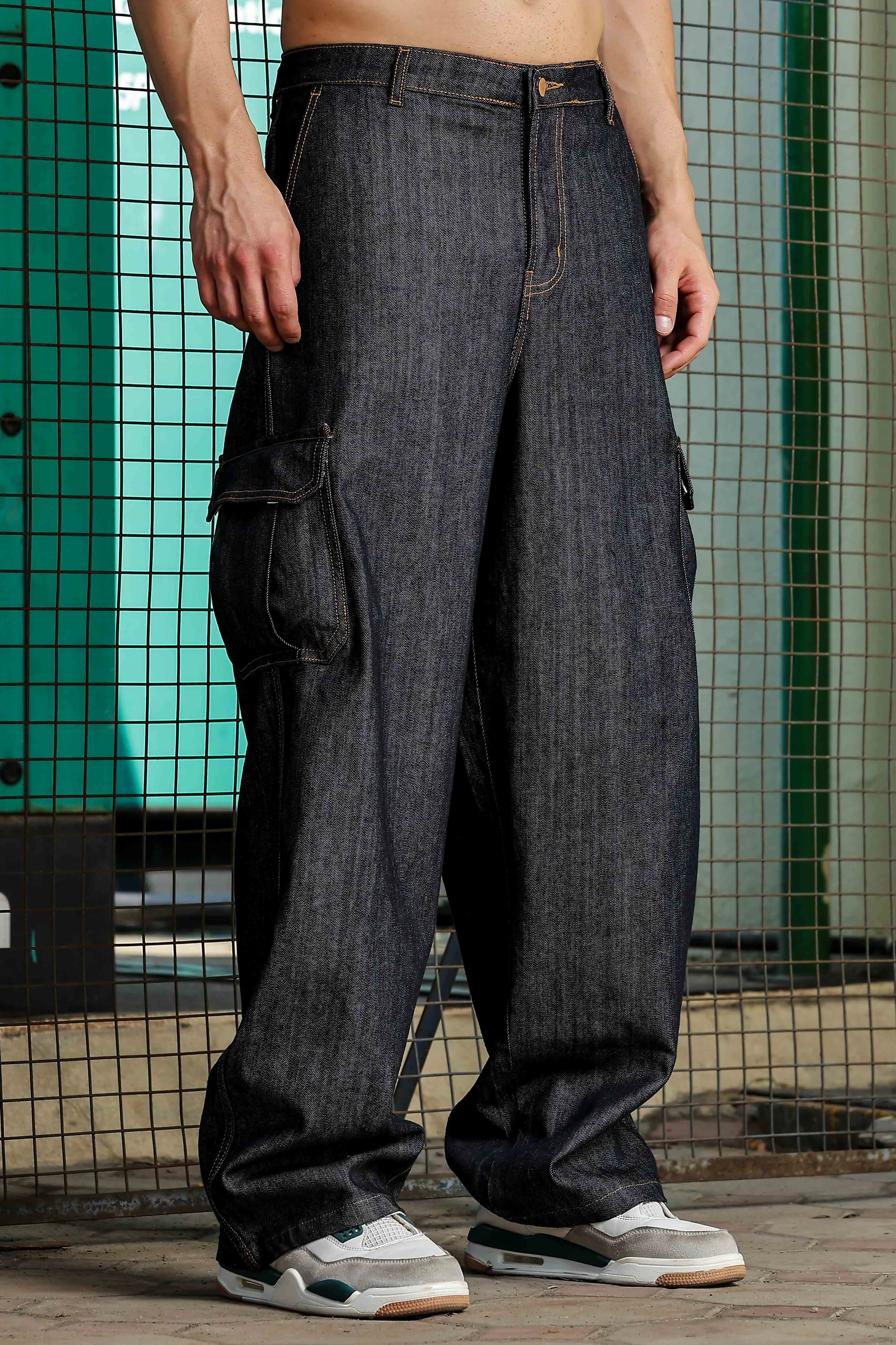 Unisex Charcoal Blue Relaxed Fit Denim Baggy Cargo
