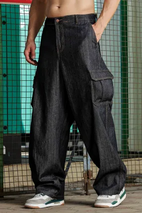 Unisex Charcoal Blue Relaxed Fit Denim Baggy Cargo