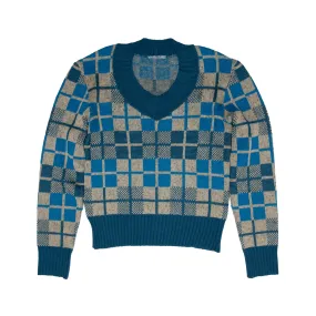 Windowpane Silk Yarn Jacquard Knit Pullover