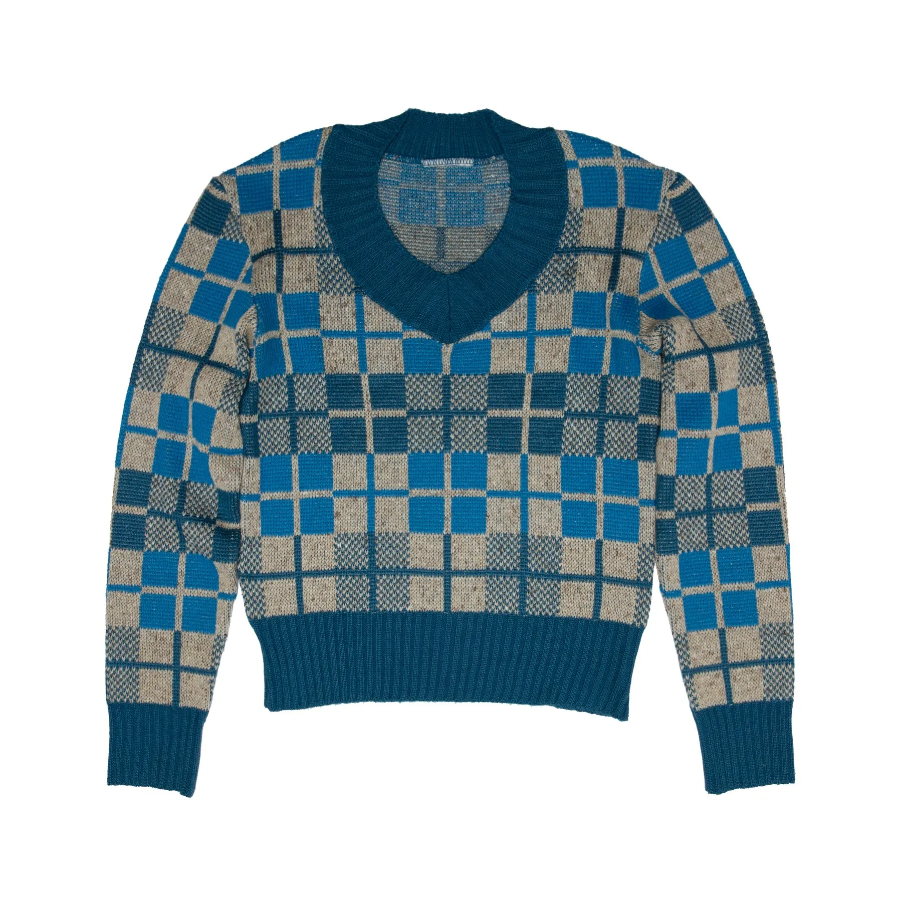 Windowpane Silk Yarn Jacquard Knit Pullover